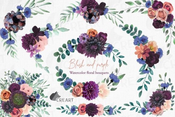 Elegant Design Possibilities with Plum, Purple, Blush, Watercolor Bouquet Clip Art