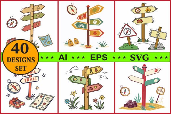 Hiking Trail Sign Vector Clipart Set